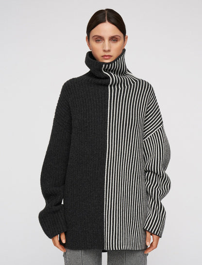 JOSEPH Fashion Women Graphic Cardigan Stitch High Neck Jumper Charcoal Combo