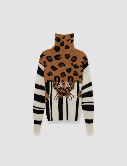 JOSEPH Fashion Women Leopard Knit High Neck Jumper Camel Combo