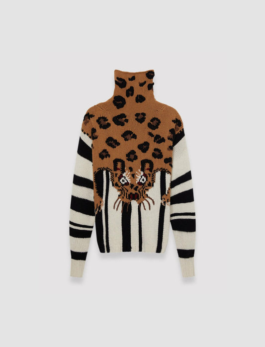 JOSEPH Fashion Women Leopard Knit High Neck Jumper Camel Combo