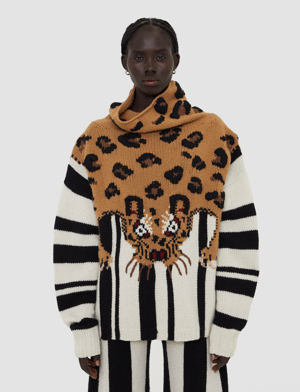 JOSEPH Fashion Women Leopard Knit High Neck Jumper Camel Combo