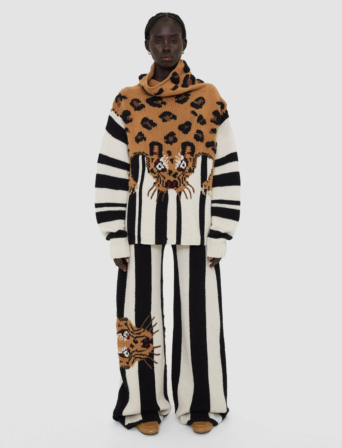 JOSEPH Fashion Women Leopard Knit High Neck Jumper Camel Combo