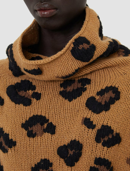 JOSEPH Fashion Women Leopard Knit High Neck Jumper Camel Combo