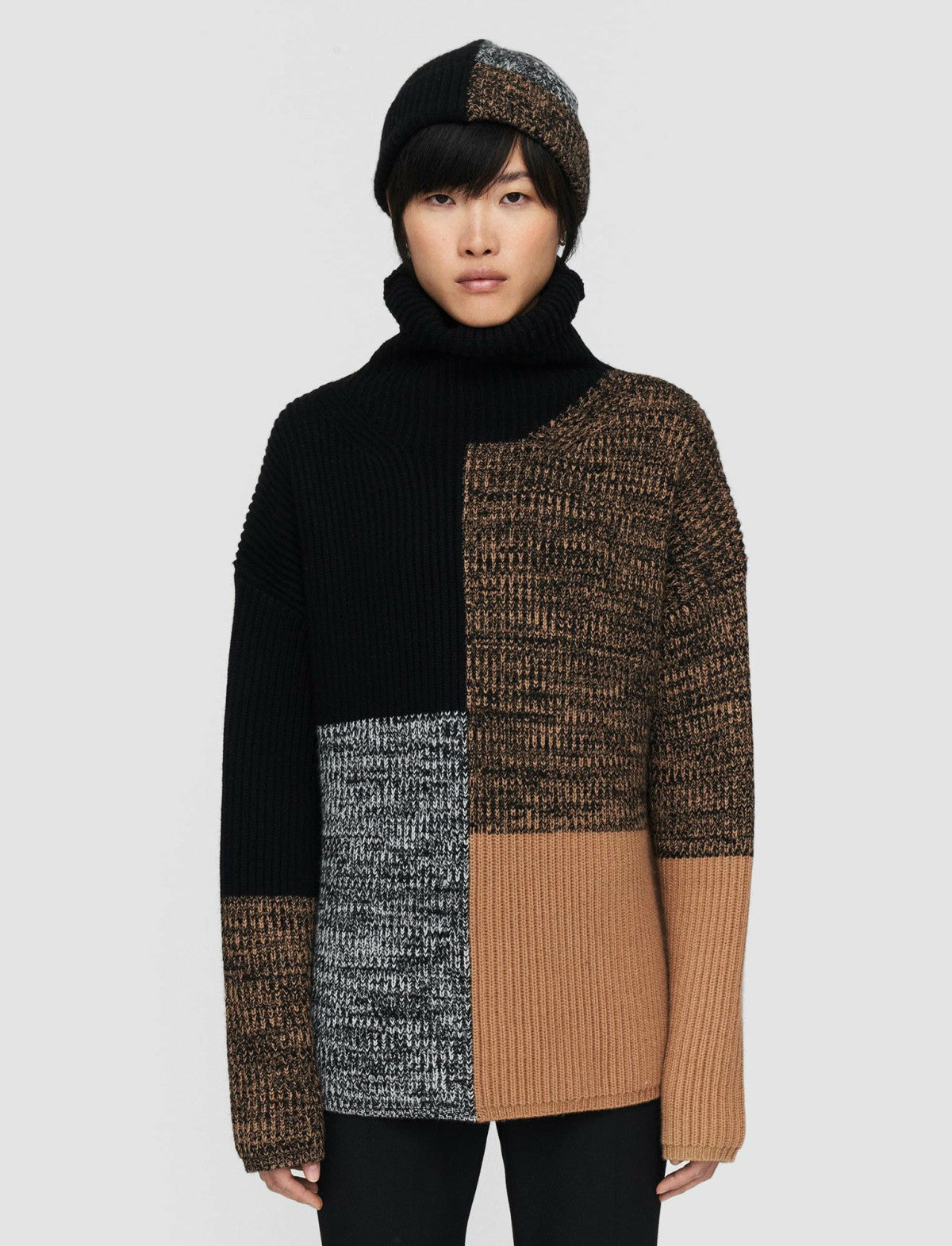 JOSEPH Fashion Women Merino Collage High Neck Jumper Camel Combo