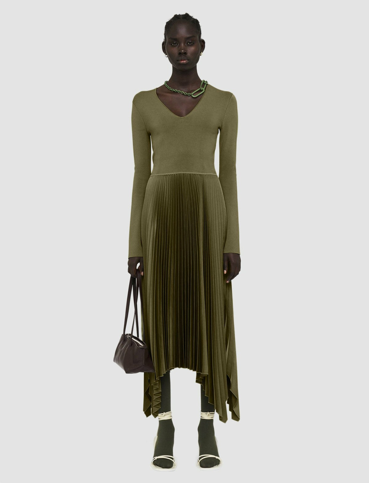 JOSEPH Fashion Women Knit Weave Plissé Dubois Dress Dark Olive