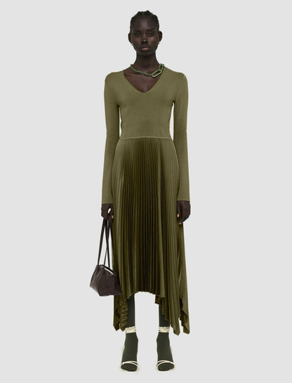 JOSEPH Fashion Women Knit Weave Plissé Dubois Dress Dark Olive