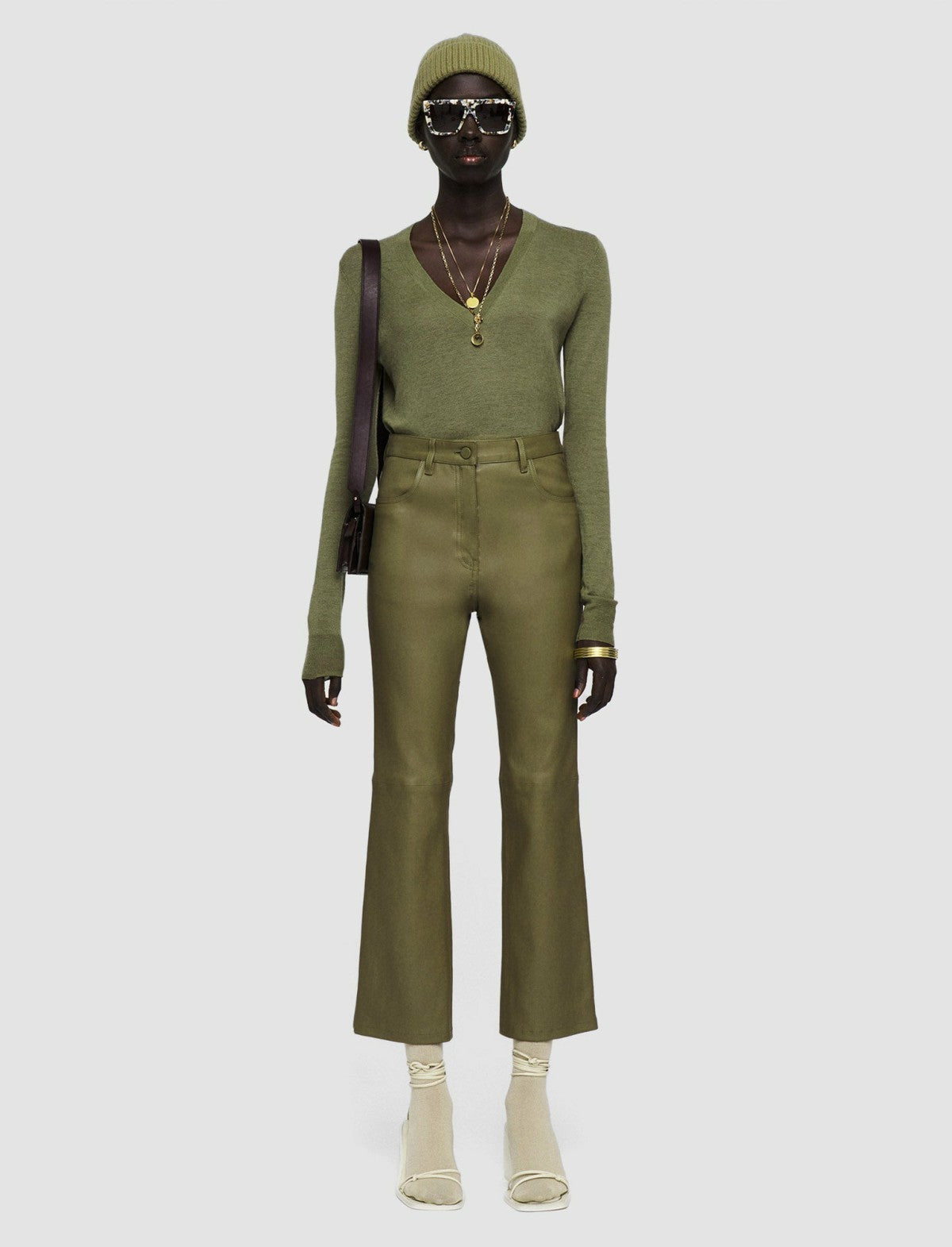 JOSEPH Fashion Women Duke Leather Stretch Trousers Dark Olive