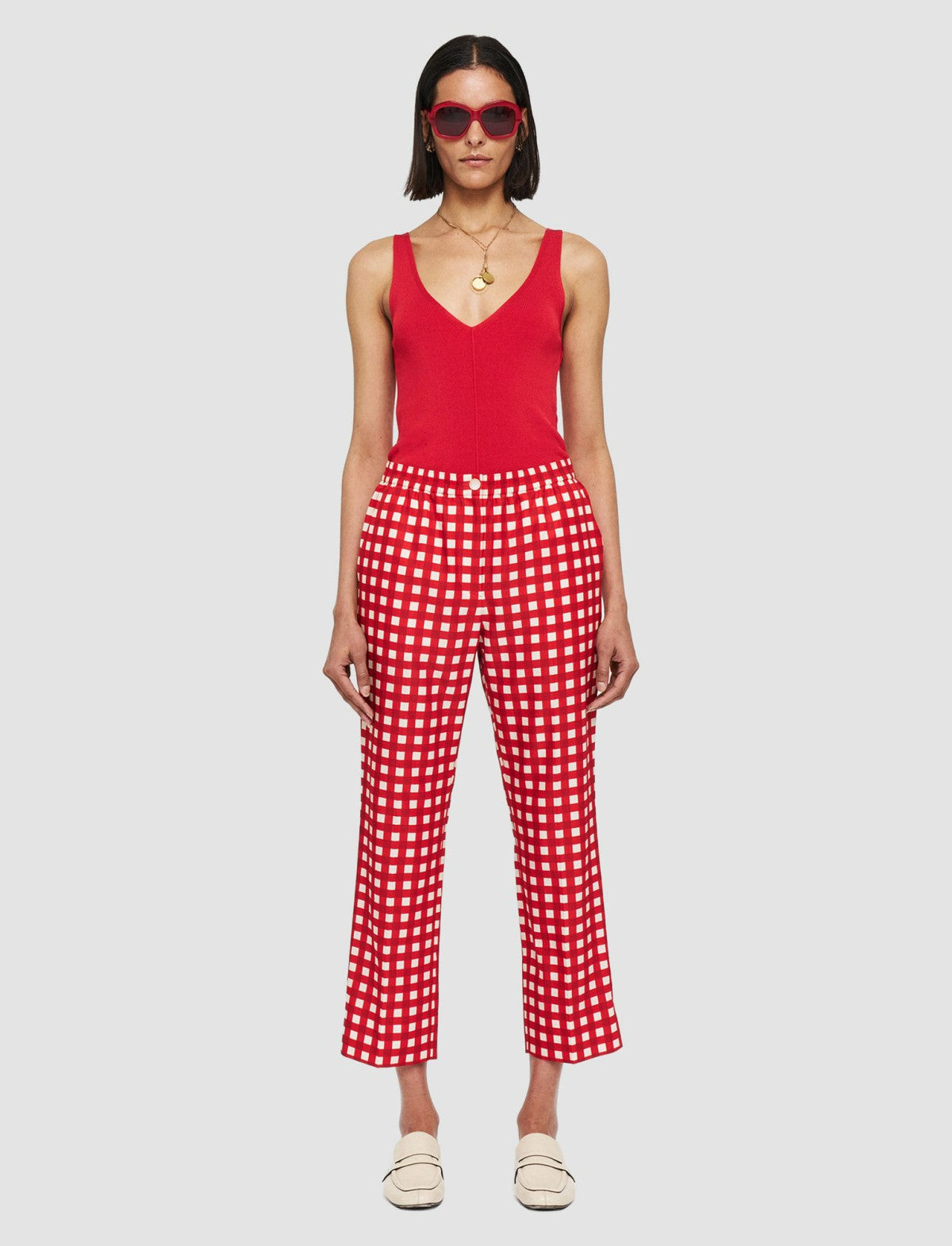 JOSEPH Fashion Women Vichy Cotton Silk Tottenham Trousers Crimson Combo
