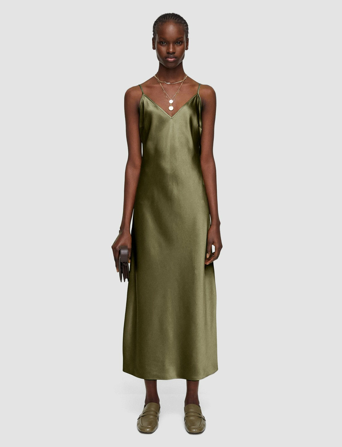 JOSEPH Fashion Women Silk Satin Clea Dress Dark Olive