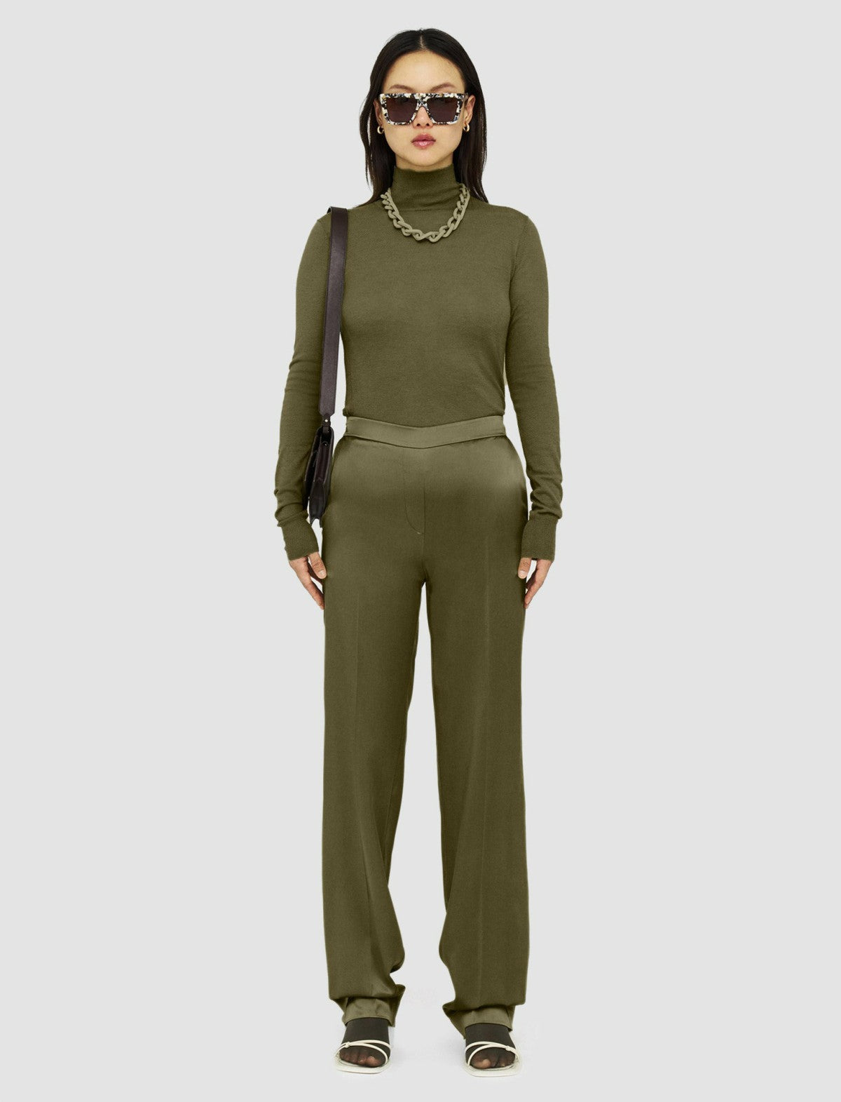 JOSEPH Fashion Women Tova Silk Satin Trousers Dark Olive
