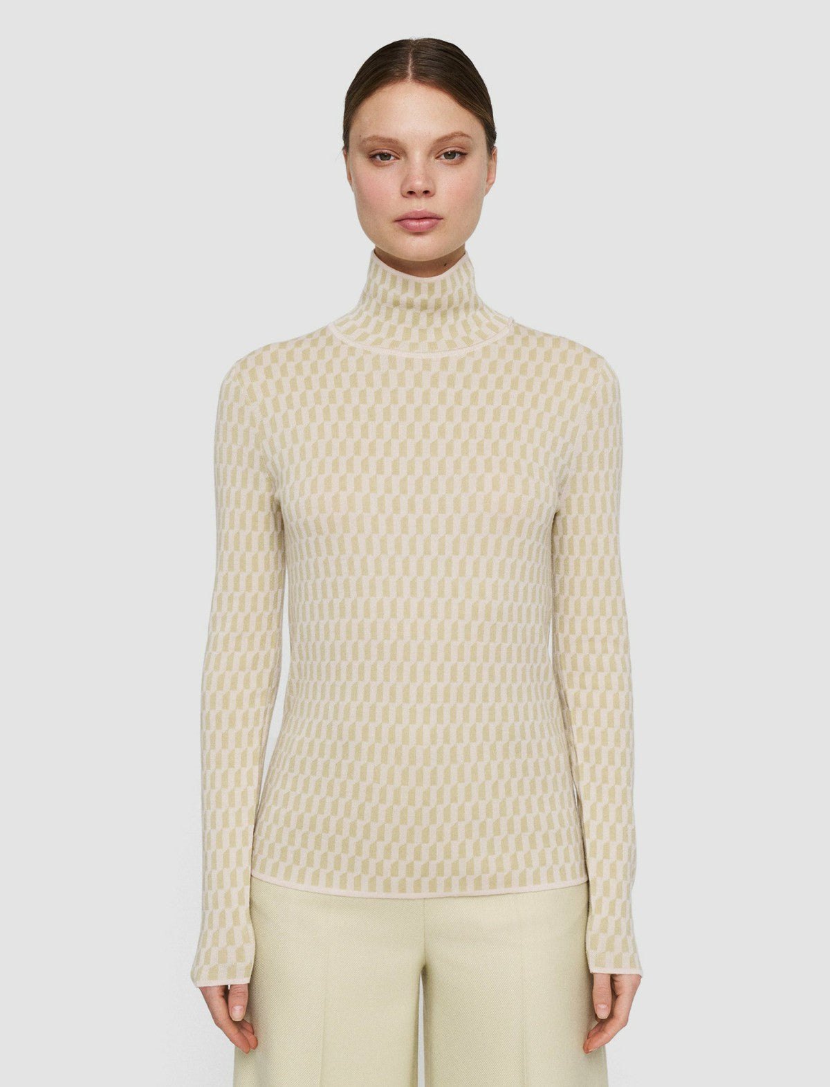JOSEPH Fashion Women Fine Alcove Jacquard High Neck Jumper Pale Olive/Ivory