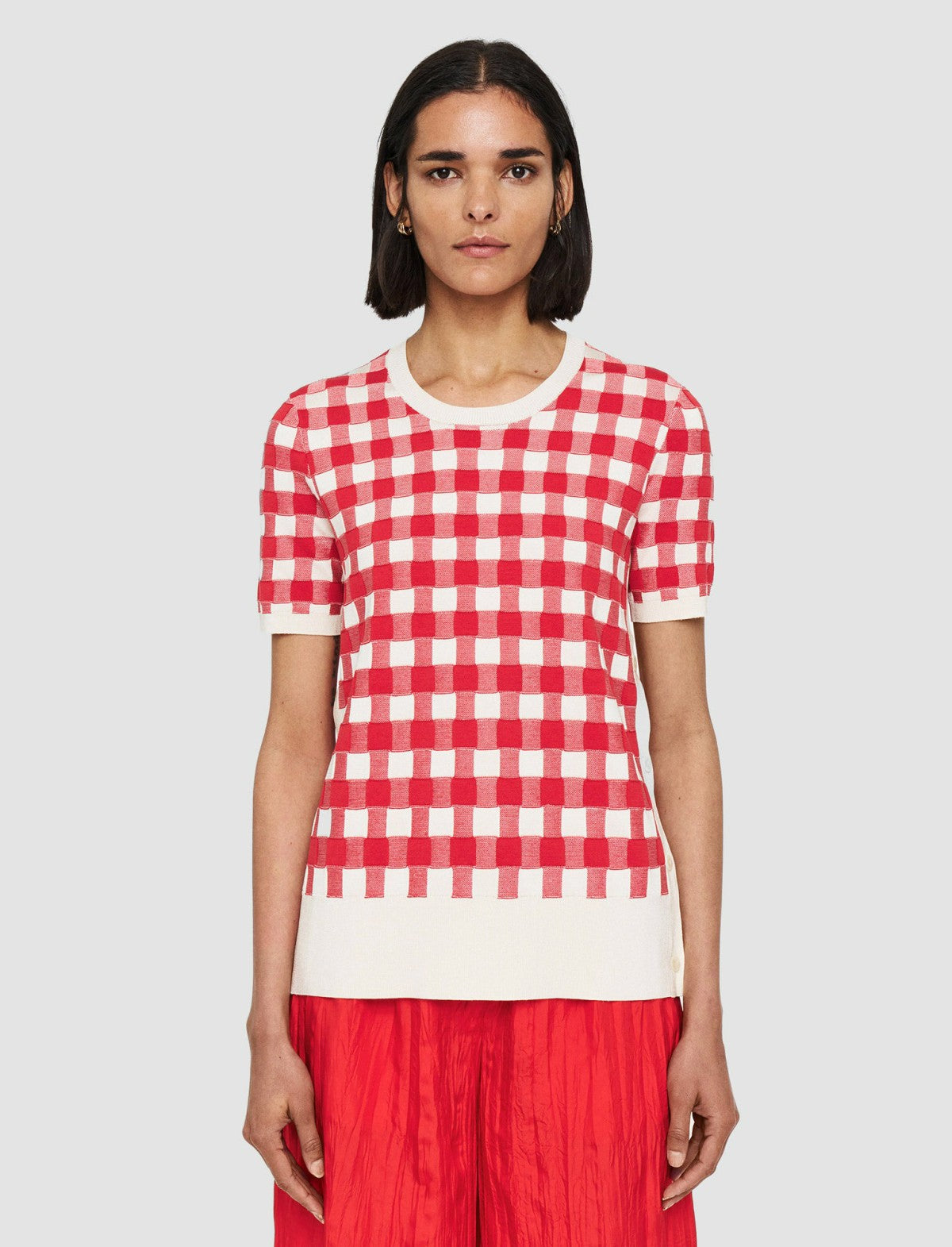 JOSEPH Fashion Women Vichy Jacquard Knitted Top Crimson Combo