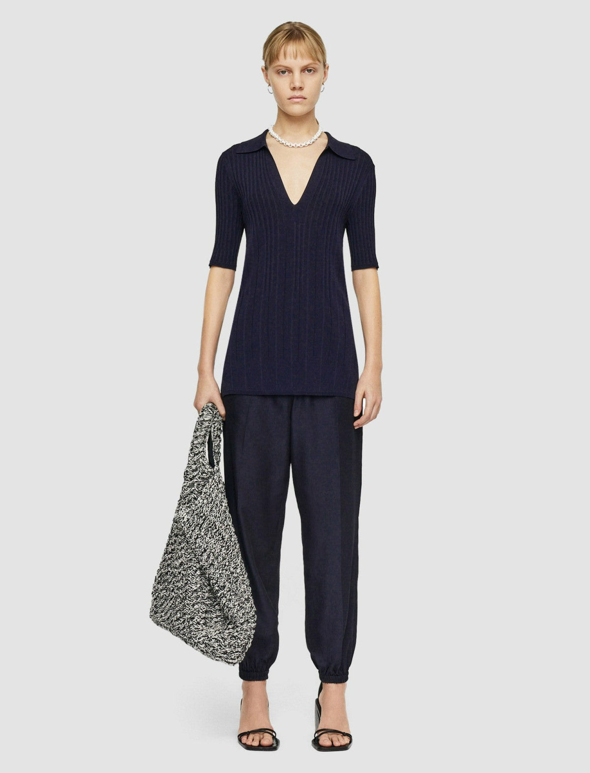 JOSEPH Fashion Women Viscose Rib Knit Polo Top Navy