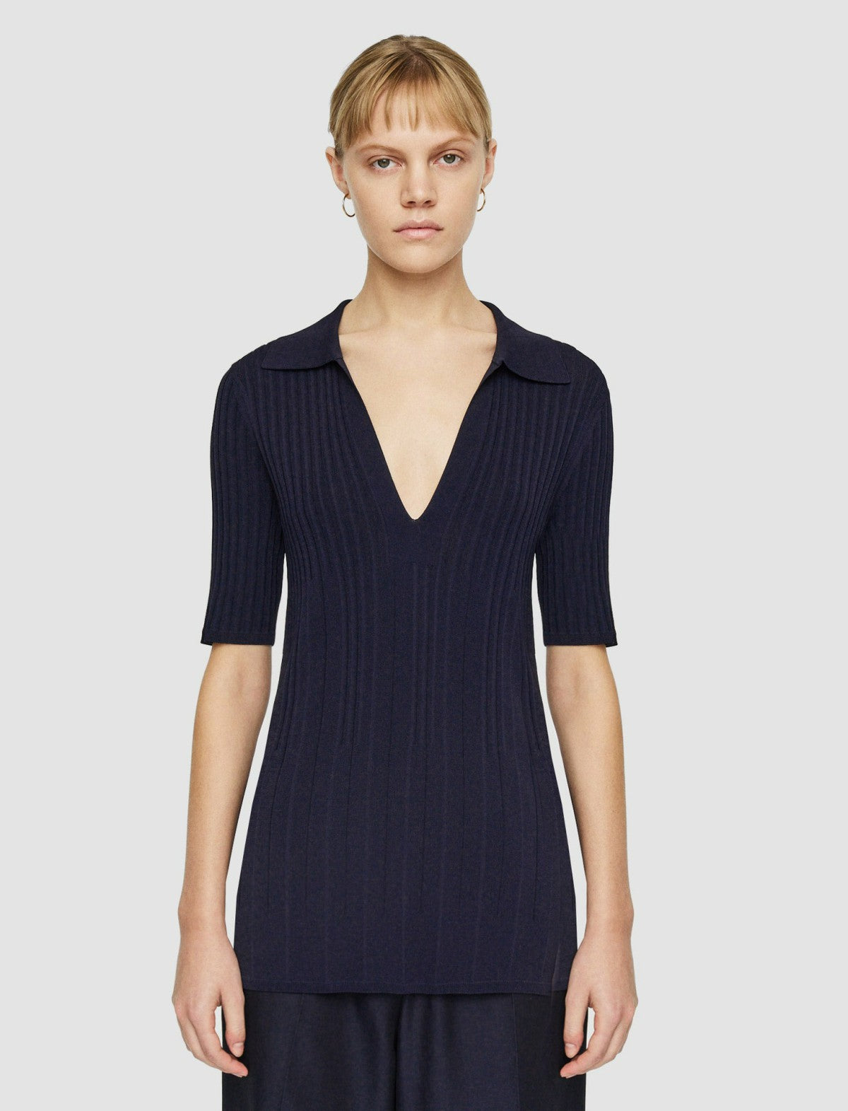 JOSEPH Fashion Women Viscose Rib Knit Polo Top Navy