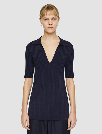 JOSEPH Fashion Women Viscose Rib Knit Polo Top Navy