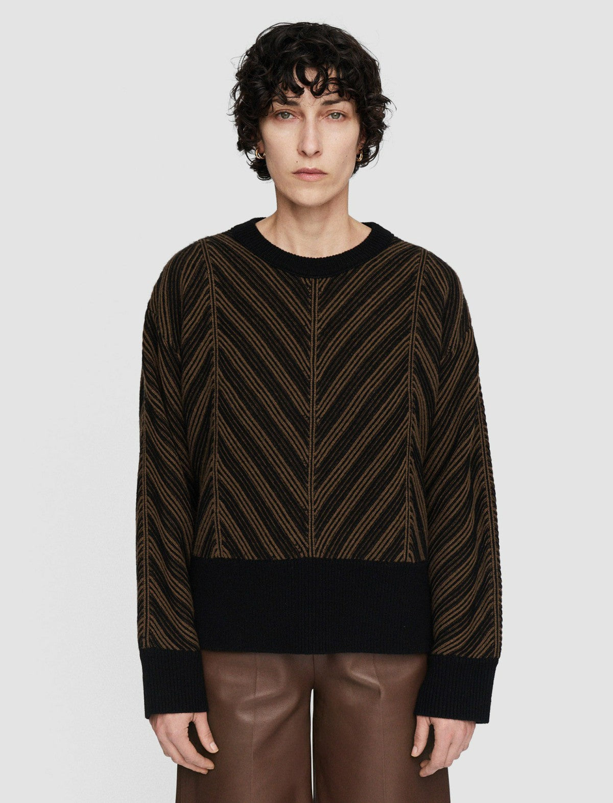 JOSEPH Fashion Women Chevron Ribbed Round Neck Jumper Arabica/Black