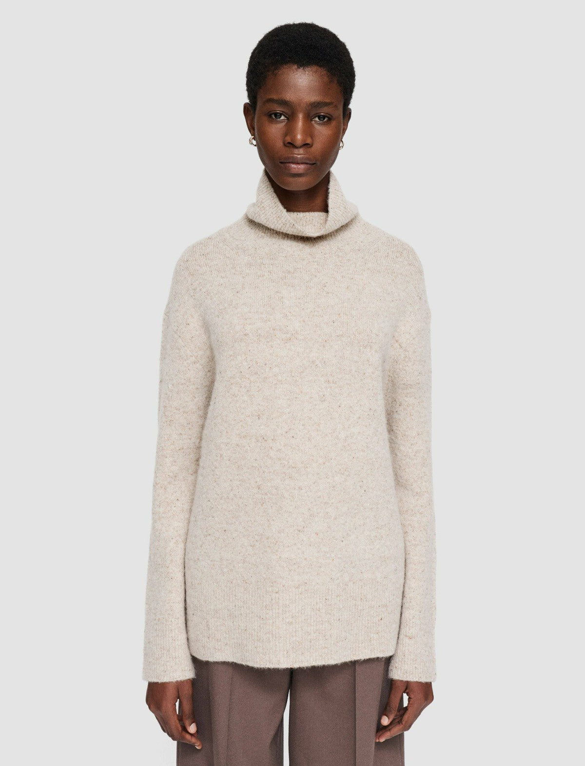 JOSEPH Fashion Women Alpaca Tweed Knit High Neck Jumper Champagne Melange