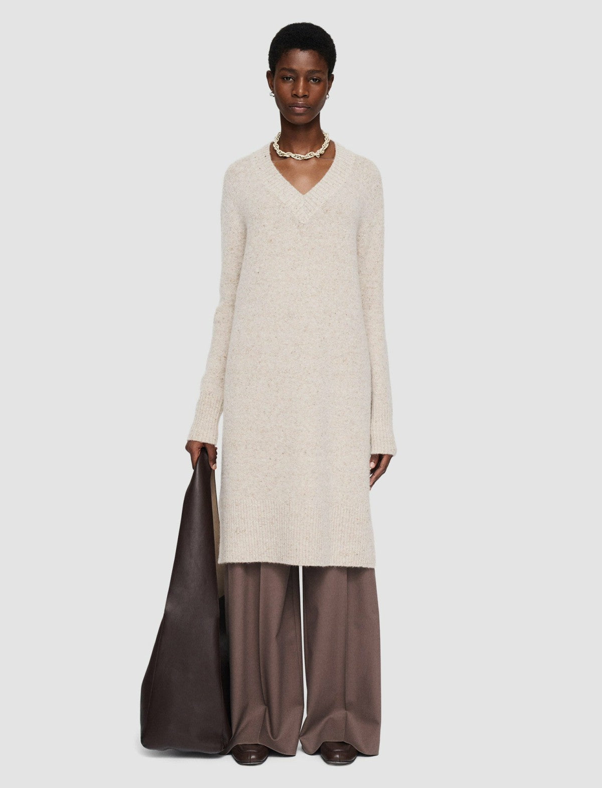 JOSEPH Fashion Women Alpaca Tweed Knit Dress Champagne Melange