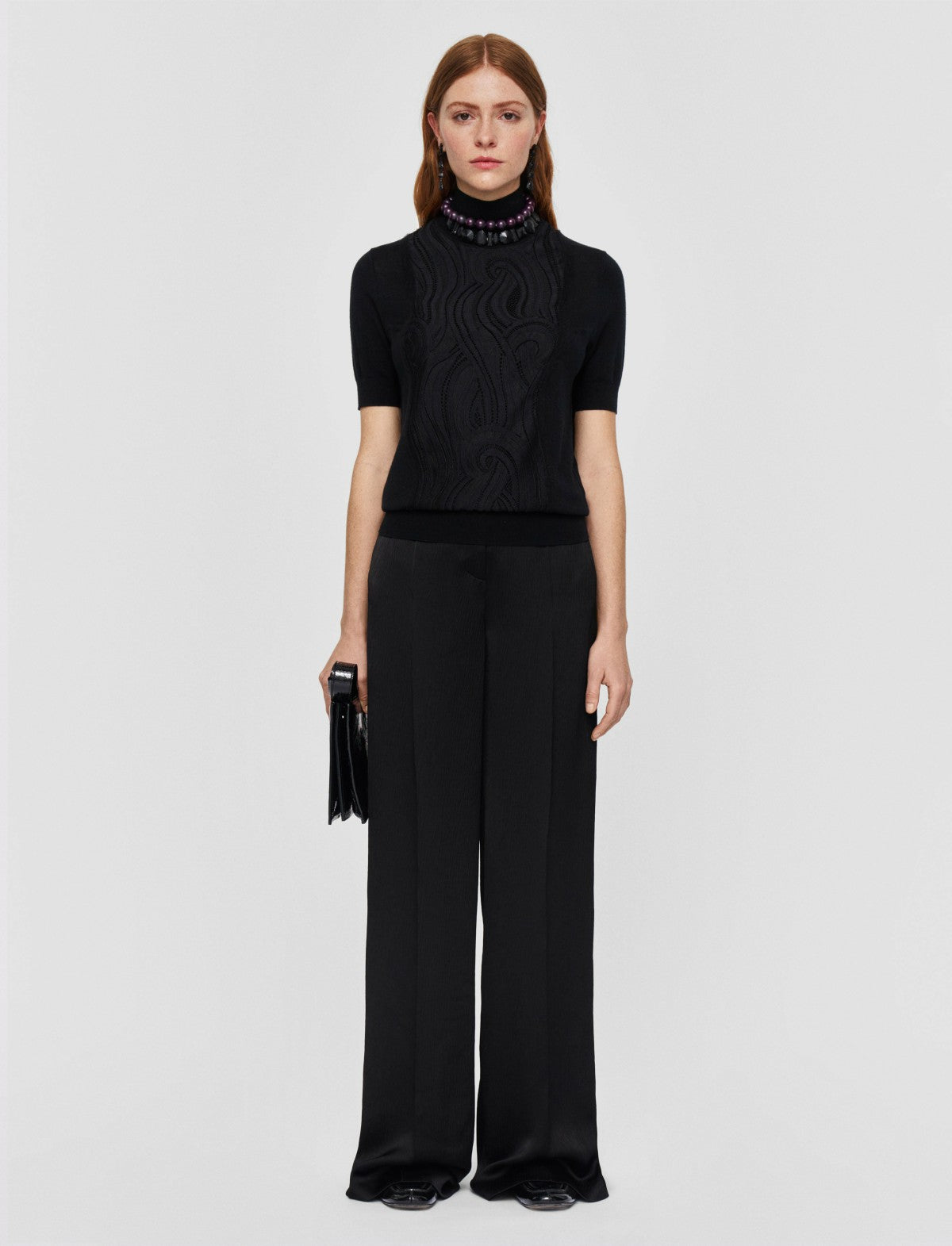 JOSEPH Fashion Women Lace Knit Mock Neck Top Black