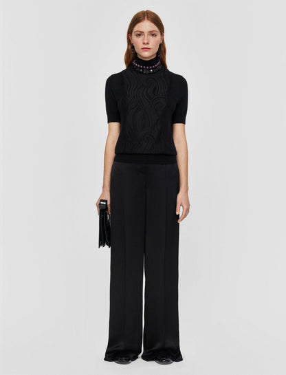 JOSEPH Fashion Women Lace Knit Mock Neck Top Black
