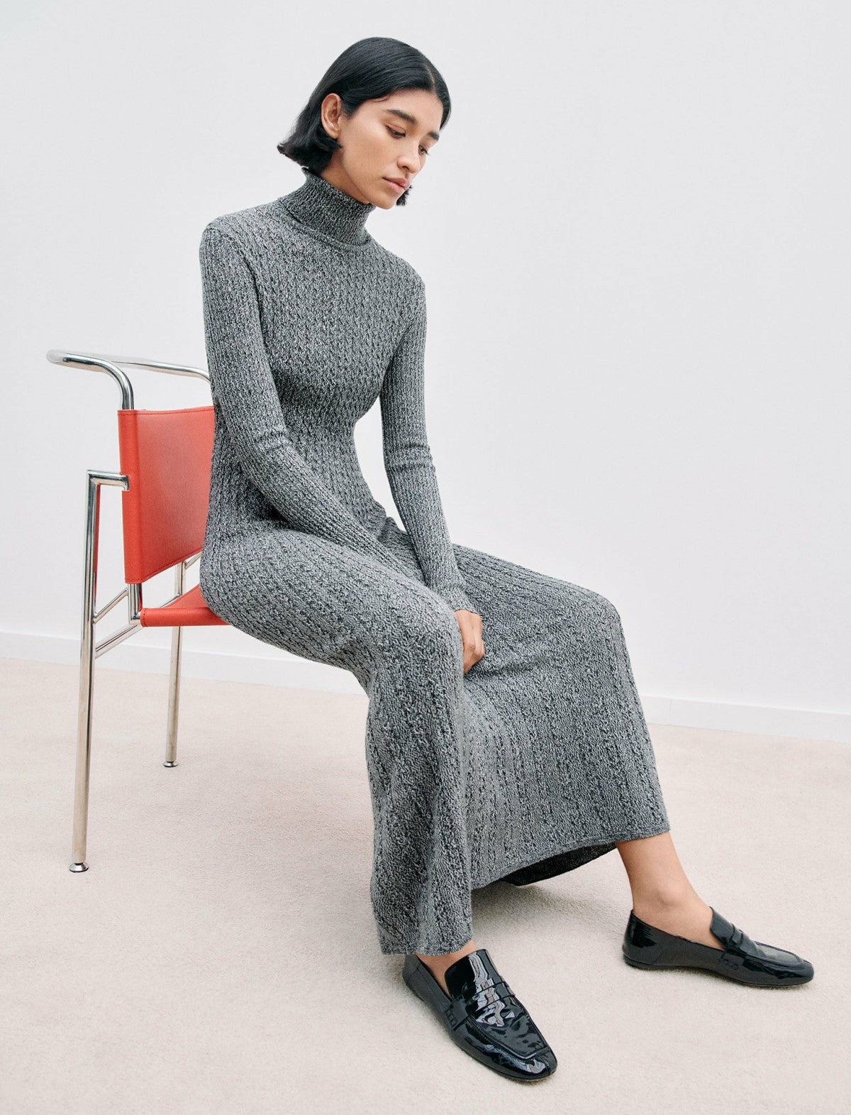 JOSEPH Fashion Women Ribbed Cable Knit Dress Ivory/Black