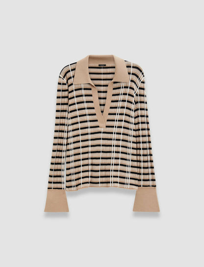 JOSEPH Fashion Women Check Wool Silk Polo Top Blusher Combo
