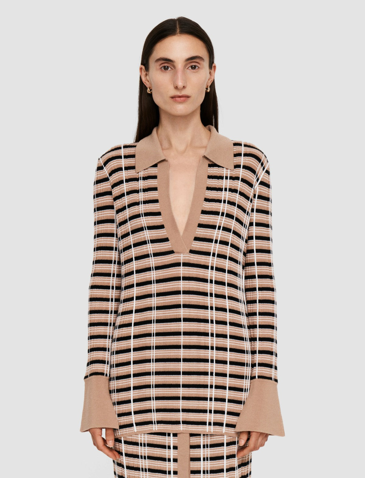 JOSEPH Fashion Women Check Wool Silk Polo Top Blusher Combo