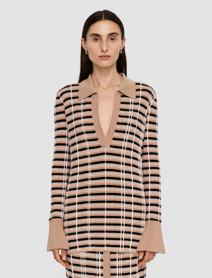 JOSEPH Fashion Women Check Wool Silk Polo Top Blusher Combo