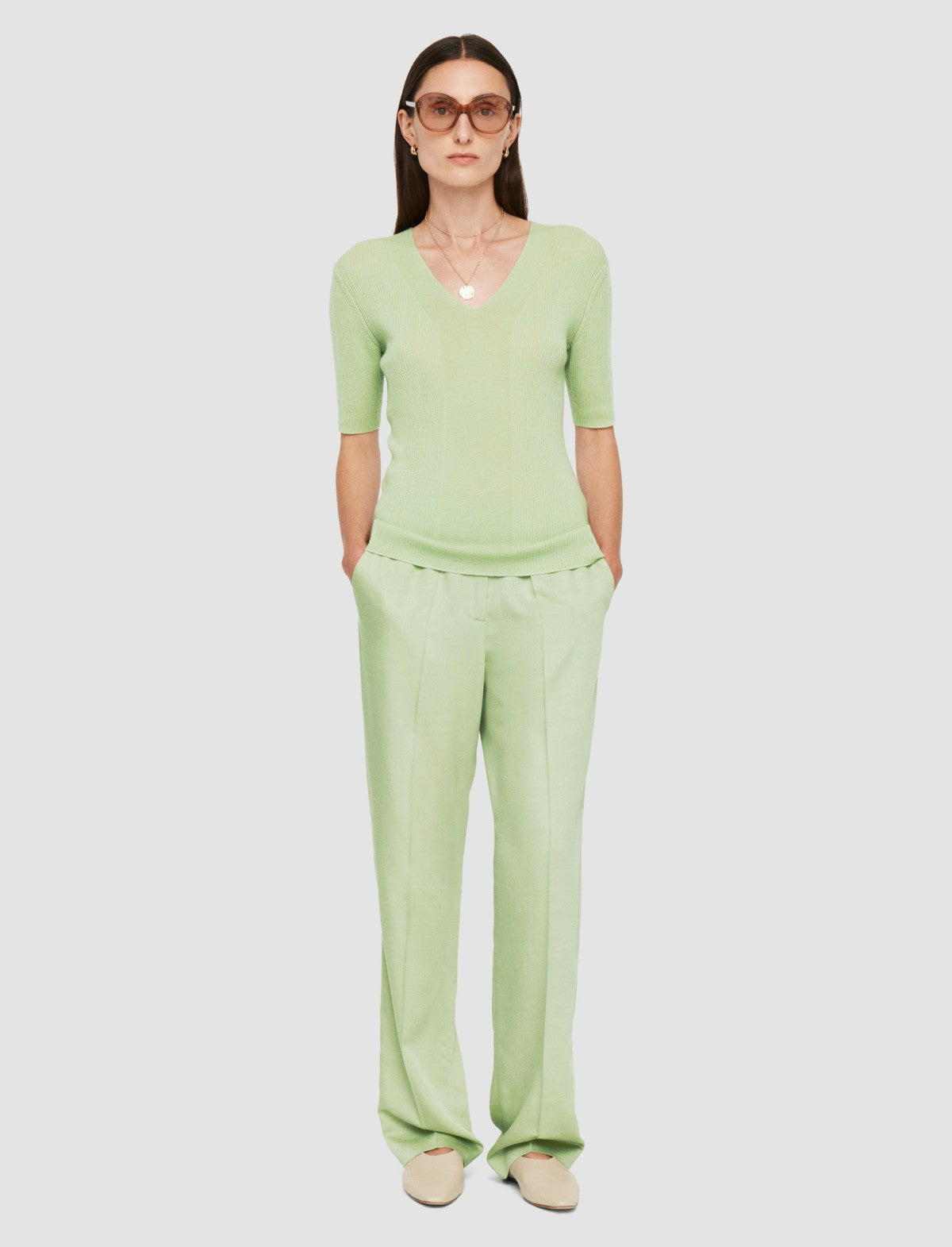 JOSEPH Fashion Women Fine Merino Rib V Neck Top Matcha