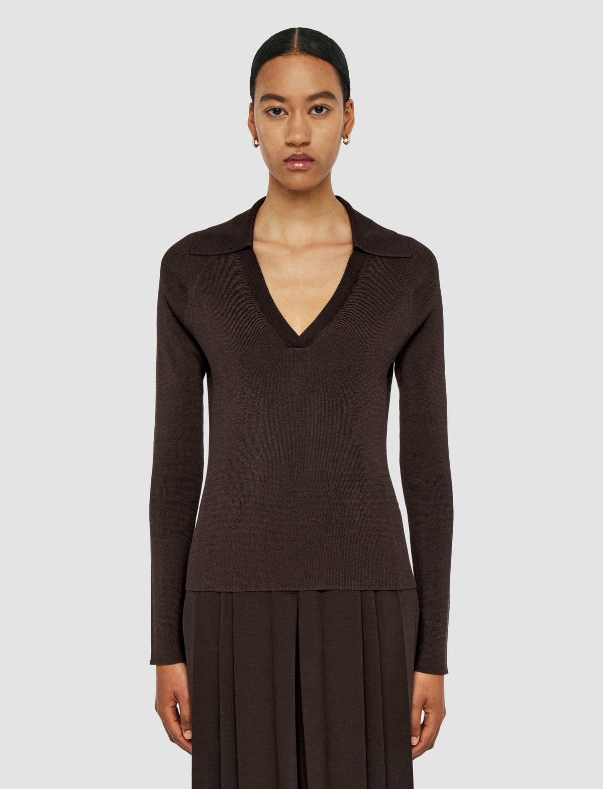 JOSEPH Fashion Women Satiny Rib Knit Polo Top Ebony