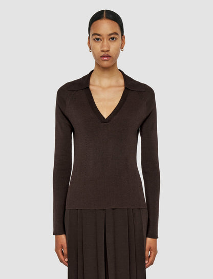JOSEPH Fashion Women Satiny Rib Knit Polo Top Ebony