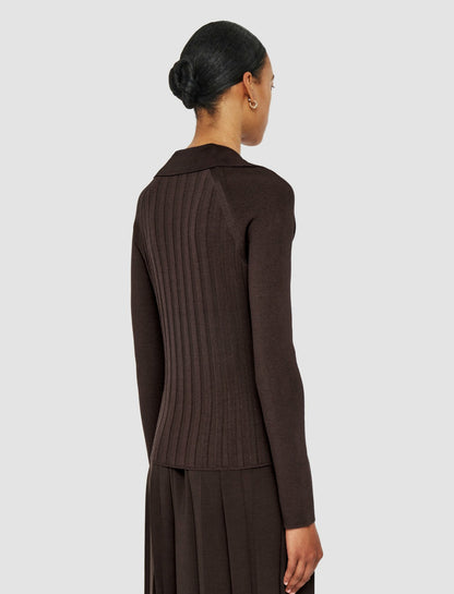 JOSEPH Fashion Women Satiny Rib Knit Polo Top Ebony