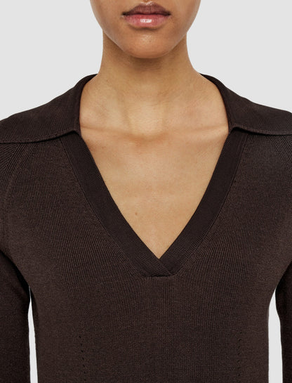 JOSEPH Fashion Women Satiny Rib Knit Polo Top Ebony