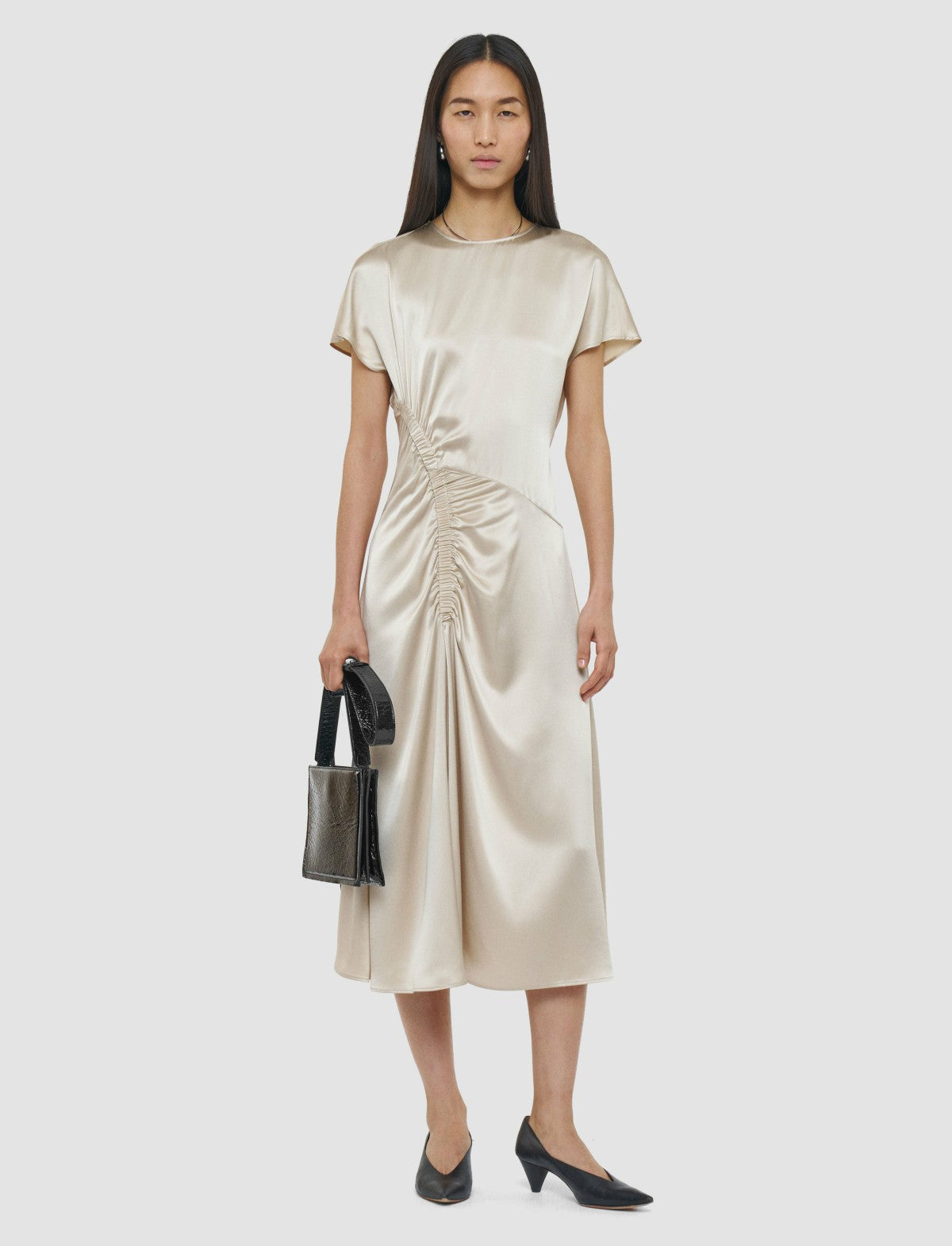 JOSEPH Fashion Women Geegee Ruched Silk Satin Dress Quail