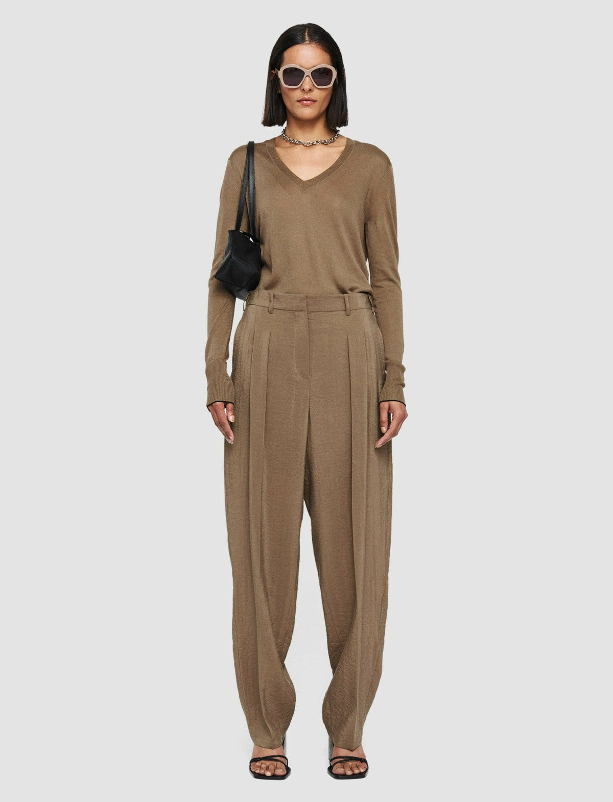 JOSEPH Fashion Women Textured Twill Tarn Trousers Frozen Mocha
