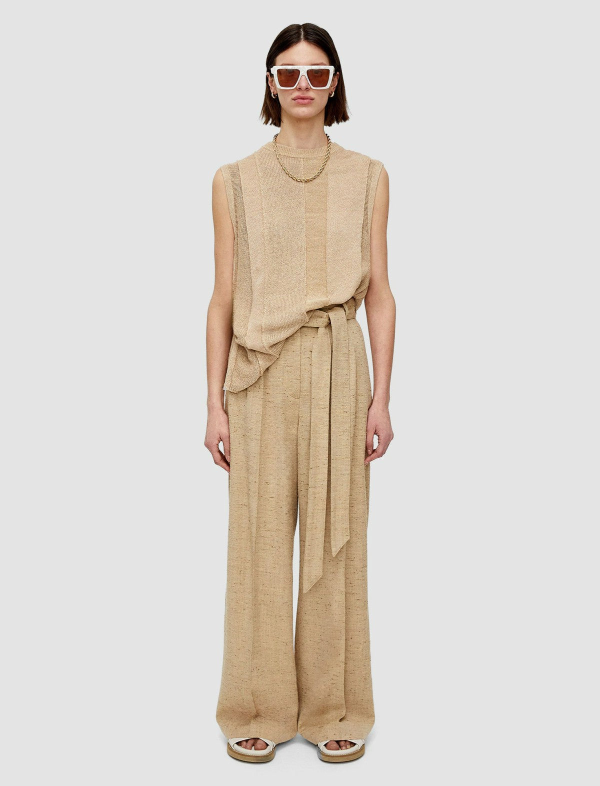 JOSEPH Fashion Women Speckled Silk Linen Atlas Trousers Sesame