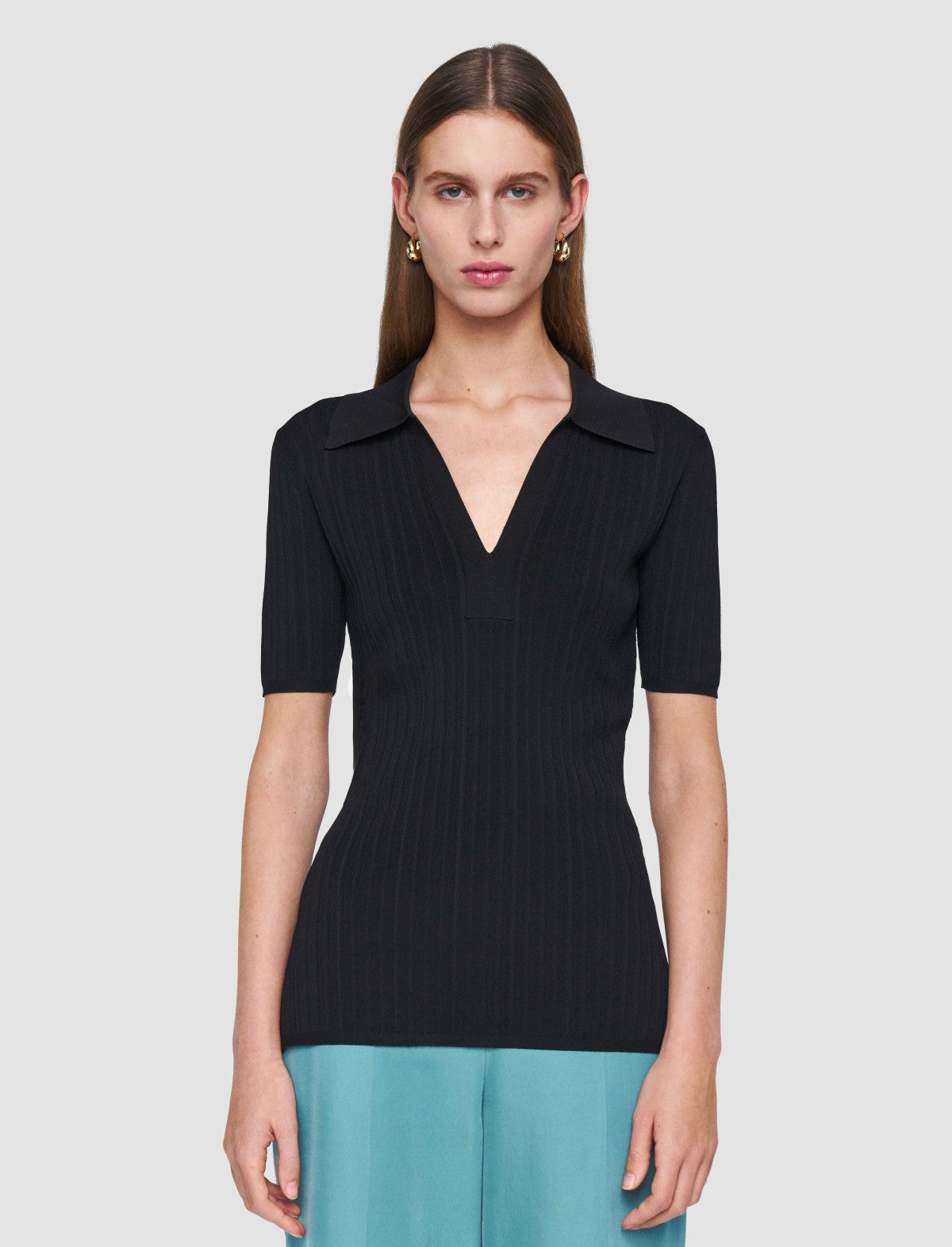 JOSEPH Fashion Women Viscose Rib Knit Polo Top Black